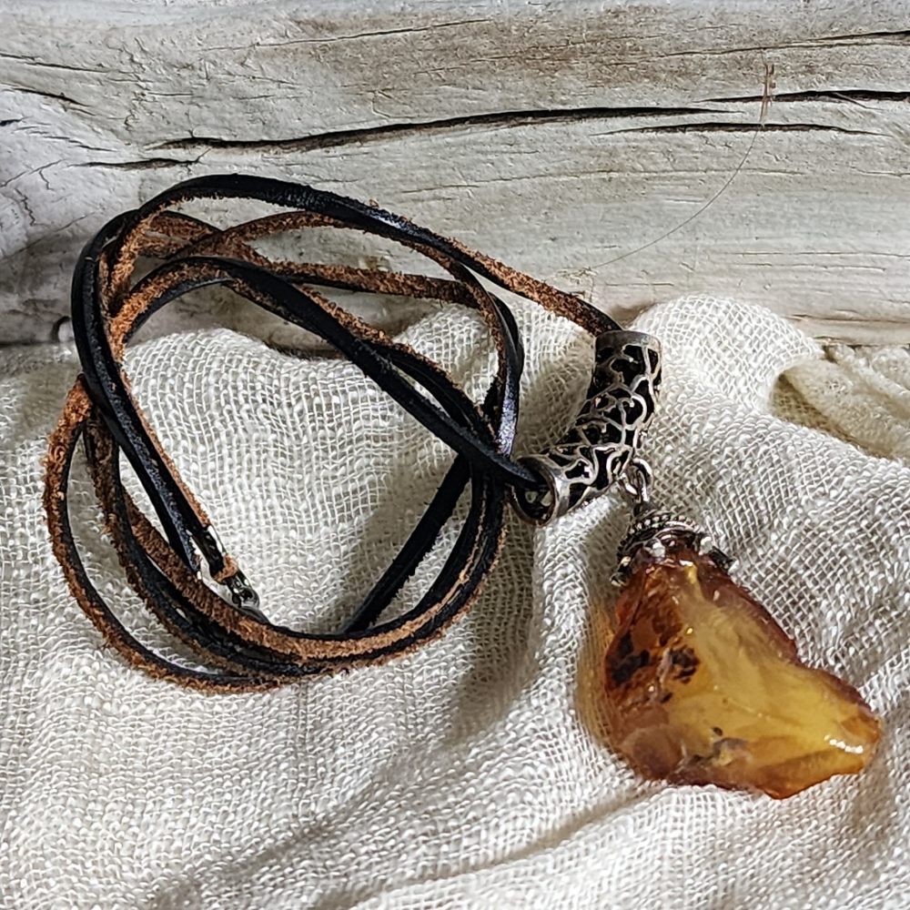 Amber Jewelry Boho Tribal Talisman AMBER NUGGET PENDANT Genuine Leather Cord